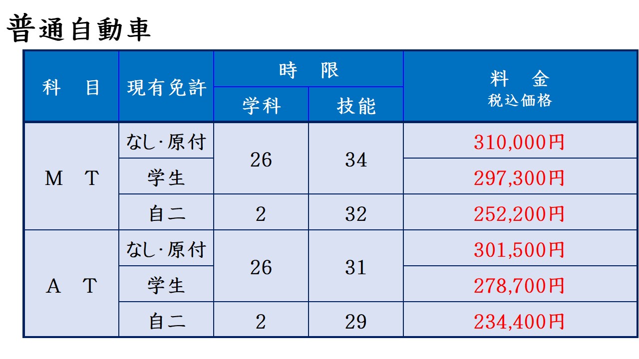教習料金 柳井自動車学校 教習料金 柳井自動車学校